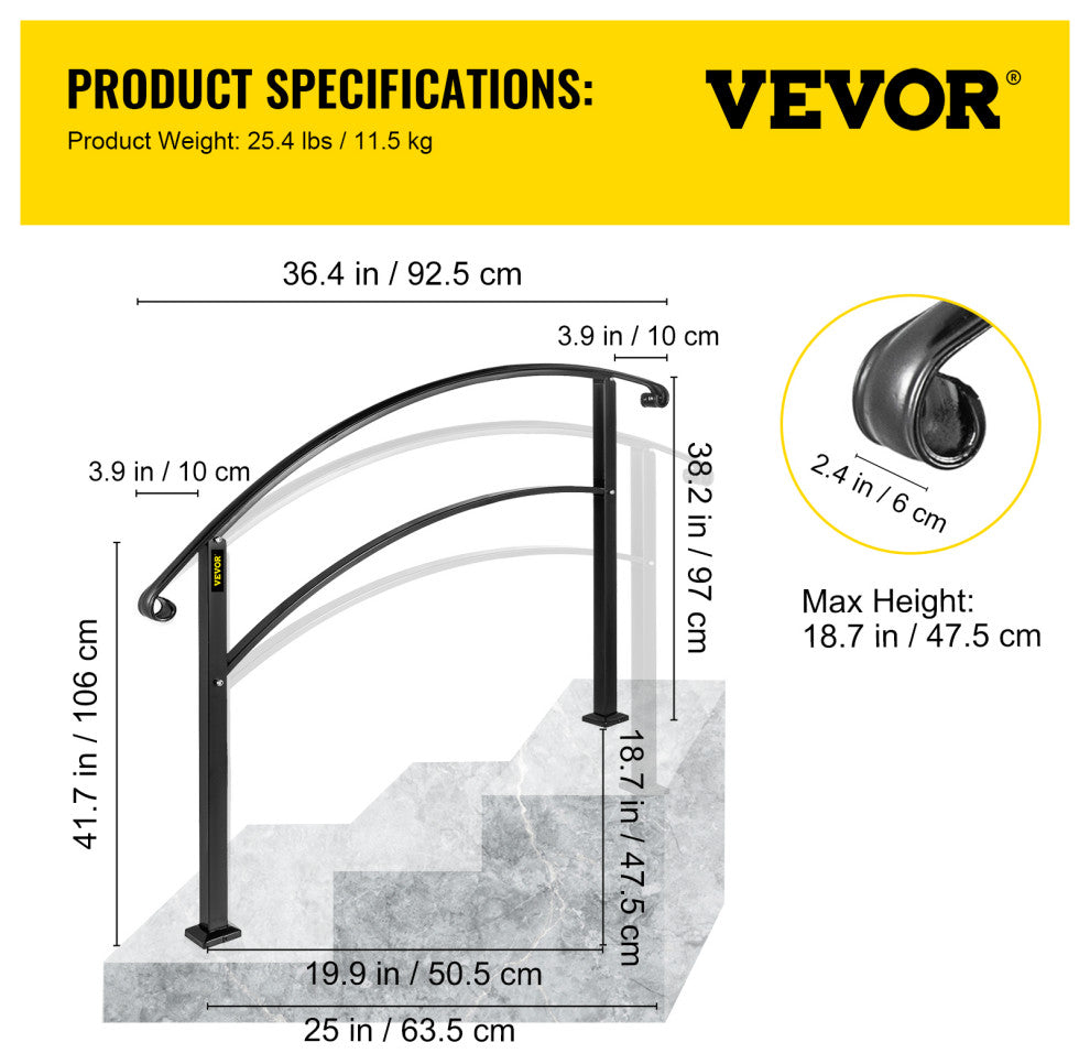 VEVOR Handrails for Outdoor Steps 1 to 3 Steps Stair Railing, Black, 3 Ft