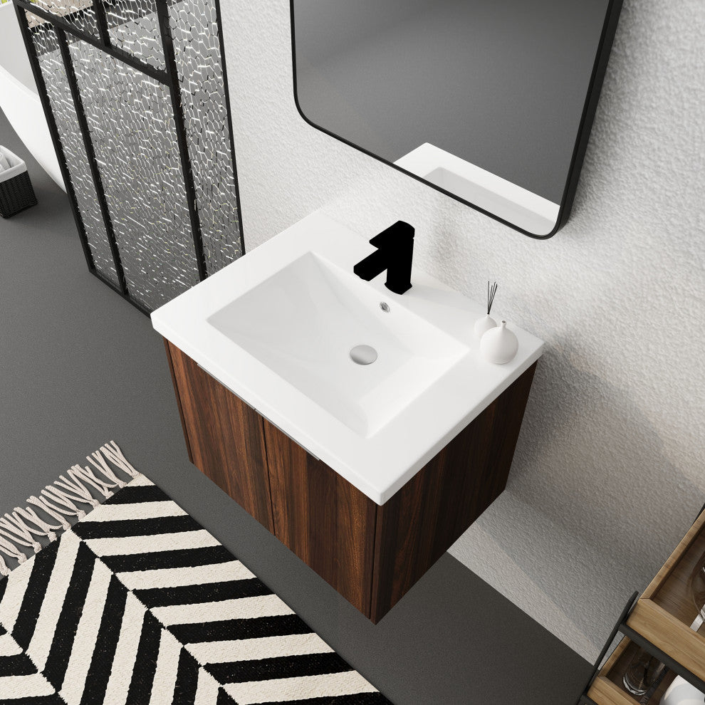 Wood Wall-Mounted Bathroom Vanity Set with Integrated Culture Marble Sink, 24 In