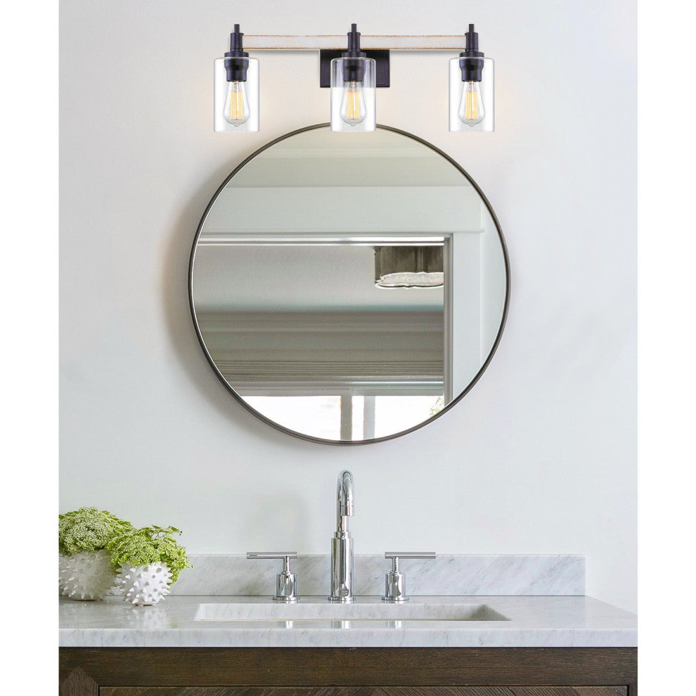Kira Home Theo 25" Farmhouse Bathroom Light, Cylinder Glass Shades, White Ash