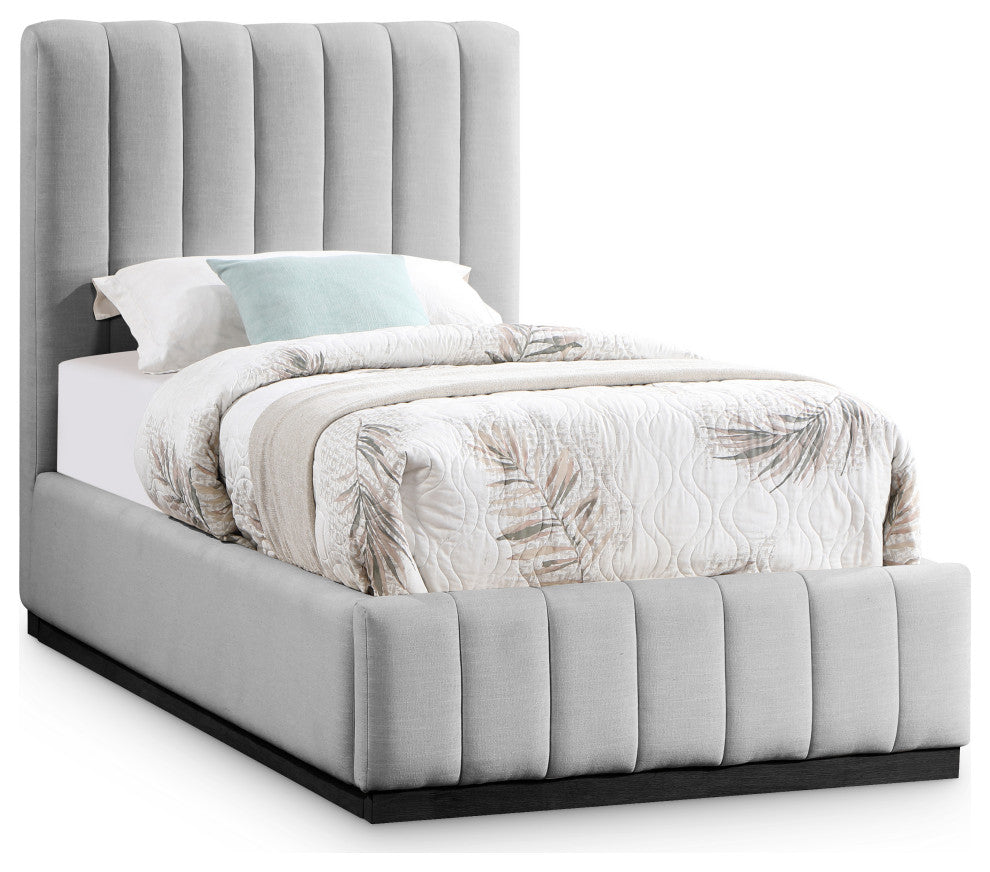 Lucia Beige Linen Textured Fabric Full Bed, Gray, Twin, Black Finish