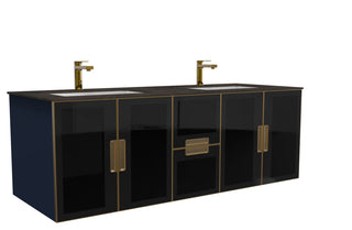 Solaria Glass Facade Floating Vanity, 60", Rustic Porcelain Top, Double Sink