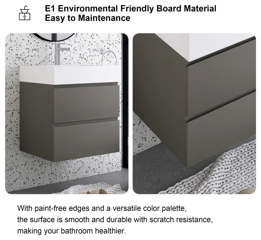Wood Wall-Mounted Bathroom Vanity Set with Integrated Resin Sink, Grey, 24"