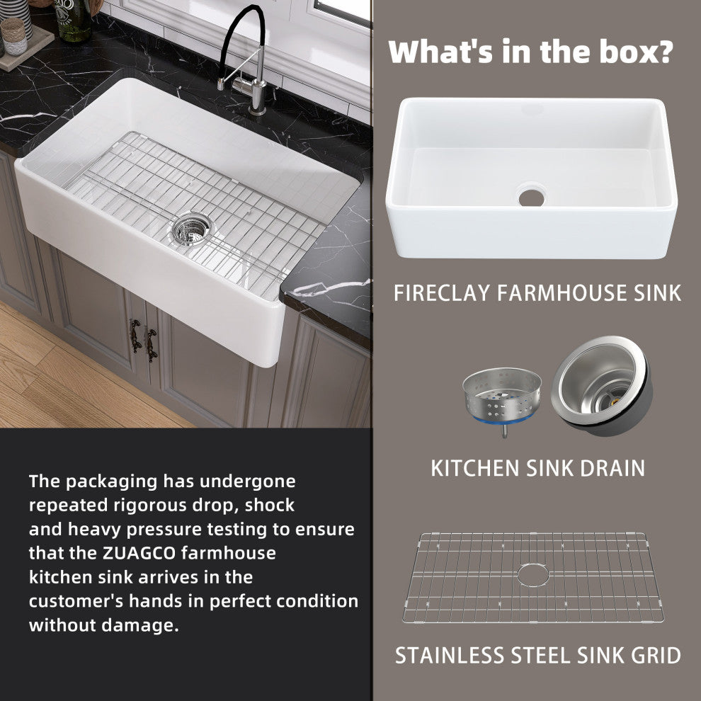 36"L x 20"W  White Single Bowl Fireclay Farmhouse Kitchen Sink With Accessories