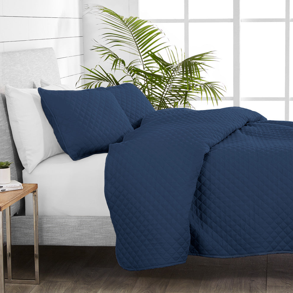 Bare Home Diamond Stitched Coverlet Set, Dark Blue, Full/Queen