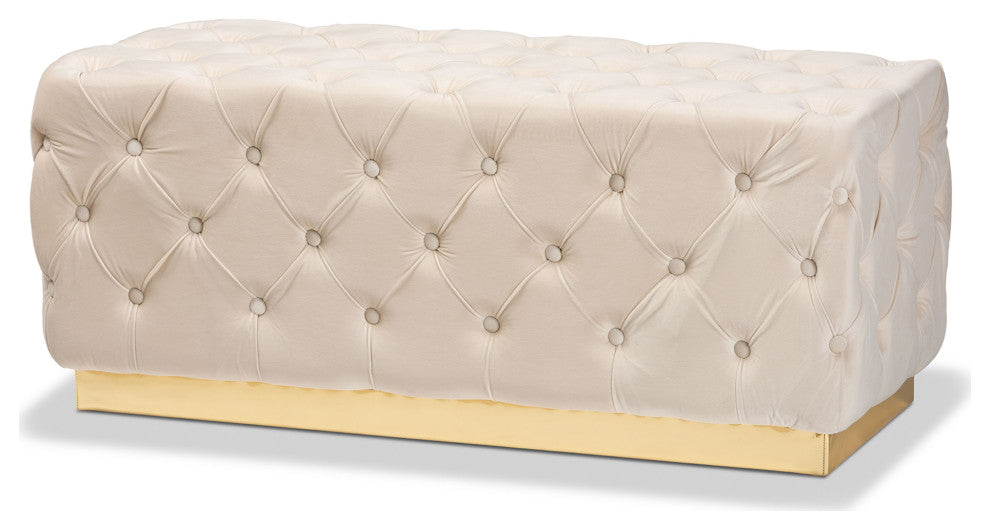Glam and Luxe Beige Velvet Fabric Upholstered and Gold PU Leather Ottoman