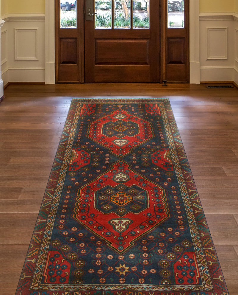 Fine Vintage Distressed Layla Rust/Navy Runner, 3'9x9'9