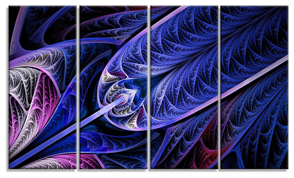Blue on Black Fractal Stained Glass, Abstract Wall Art Canvas, 48"x28", 4 Panels