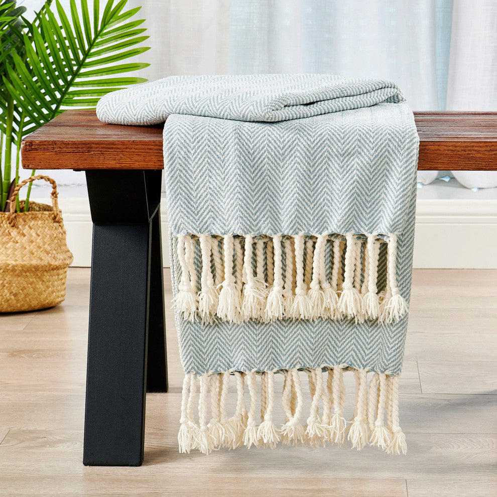 Chevron Knit Woven Throw Blanket, Silver Blue