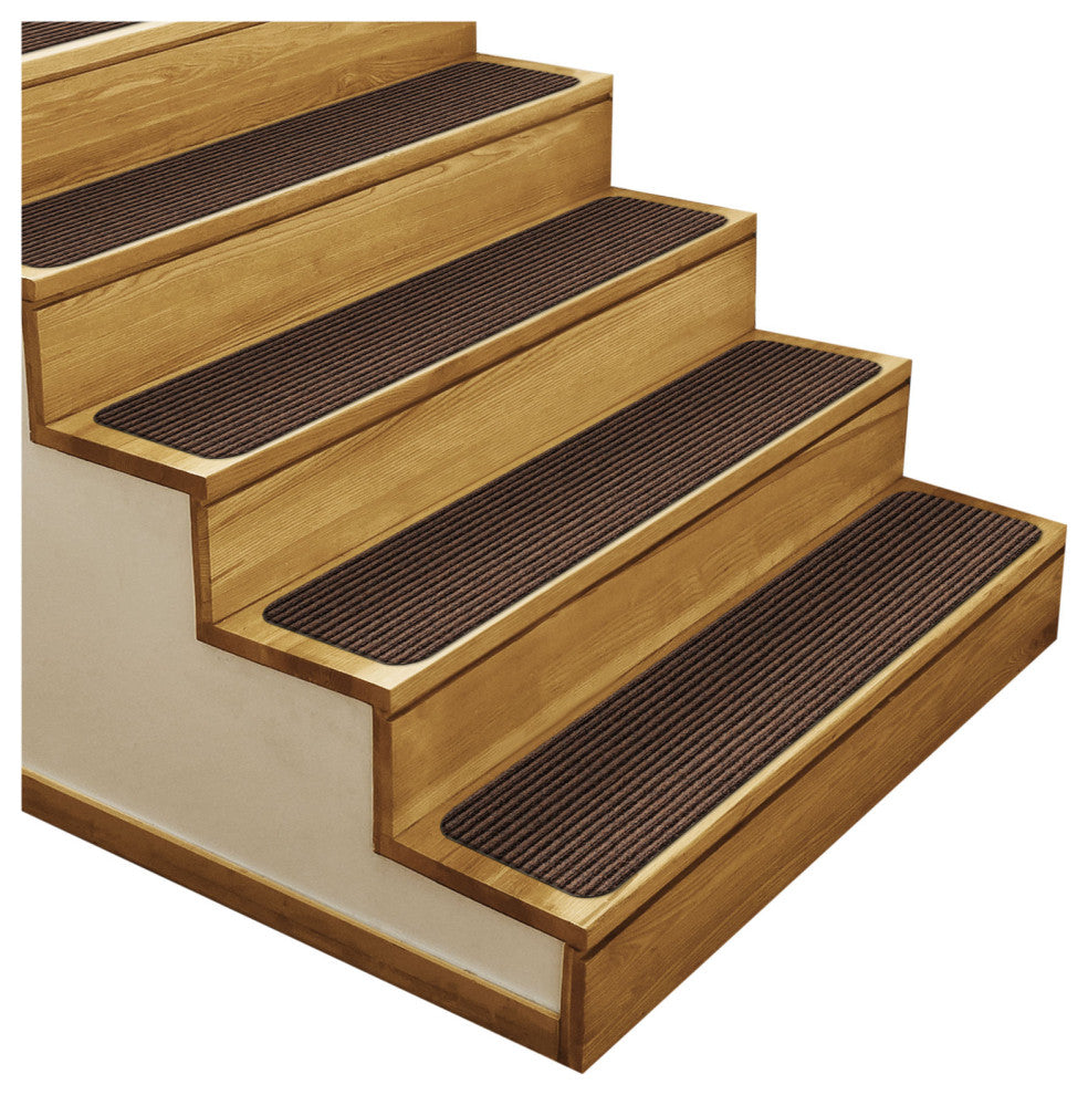 Set of 12 Skid-Resistant Double-Ribbed Stair Treads, Brown, 9 X 36"