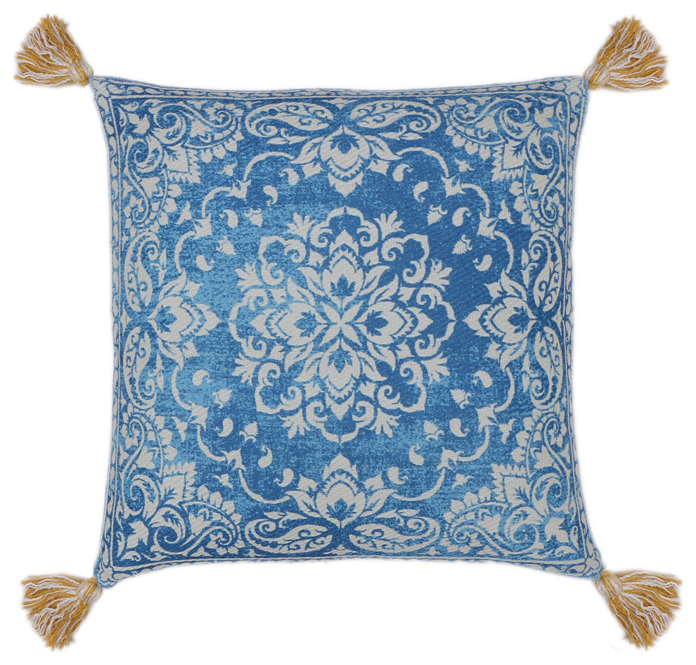 Blue & White Machine Woven with Tassels Skyview Throw Pillow, 20" x 20"