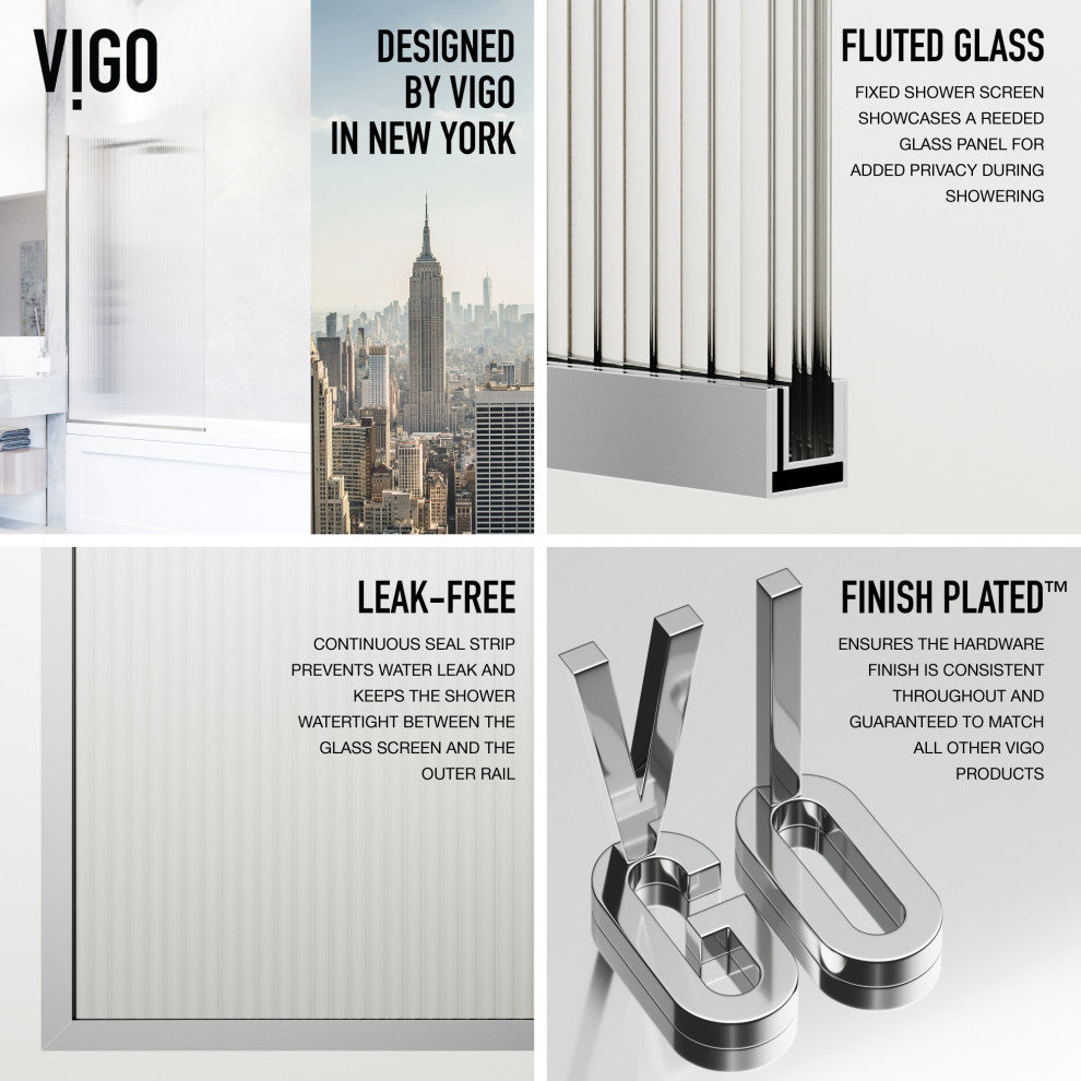 VIGO Zenith Frameless Fixed, Chrome, Tub Screen, 34" W X 62" H, Fluted Glass