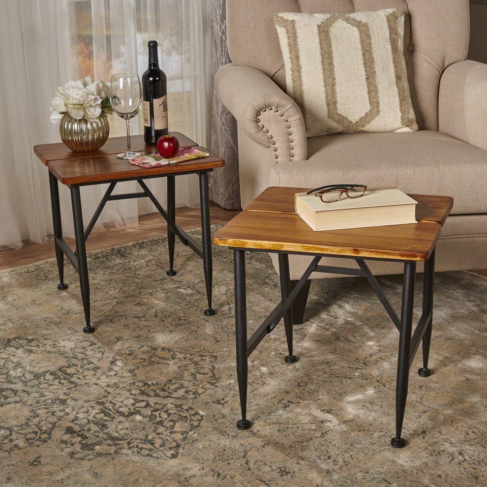 GDF Studio Emily Industrial Acacia End Tables With Black Accents, Set of 2