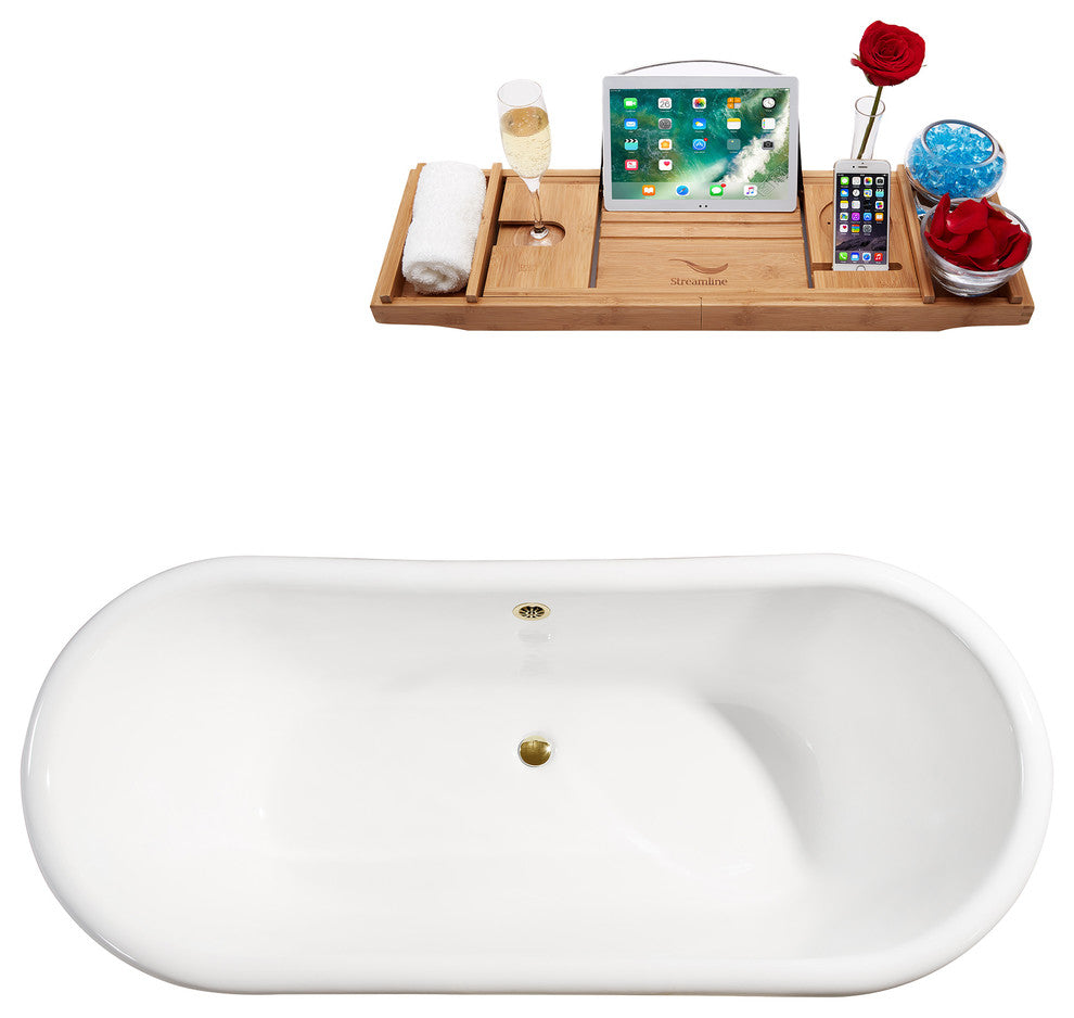 71" Cast Iron R5240CH-GLD Soaking Clawfoot Tub and Tray With External Drain