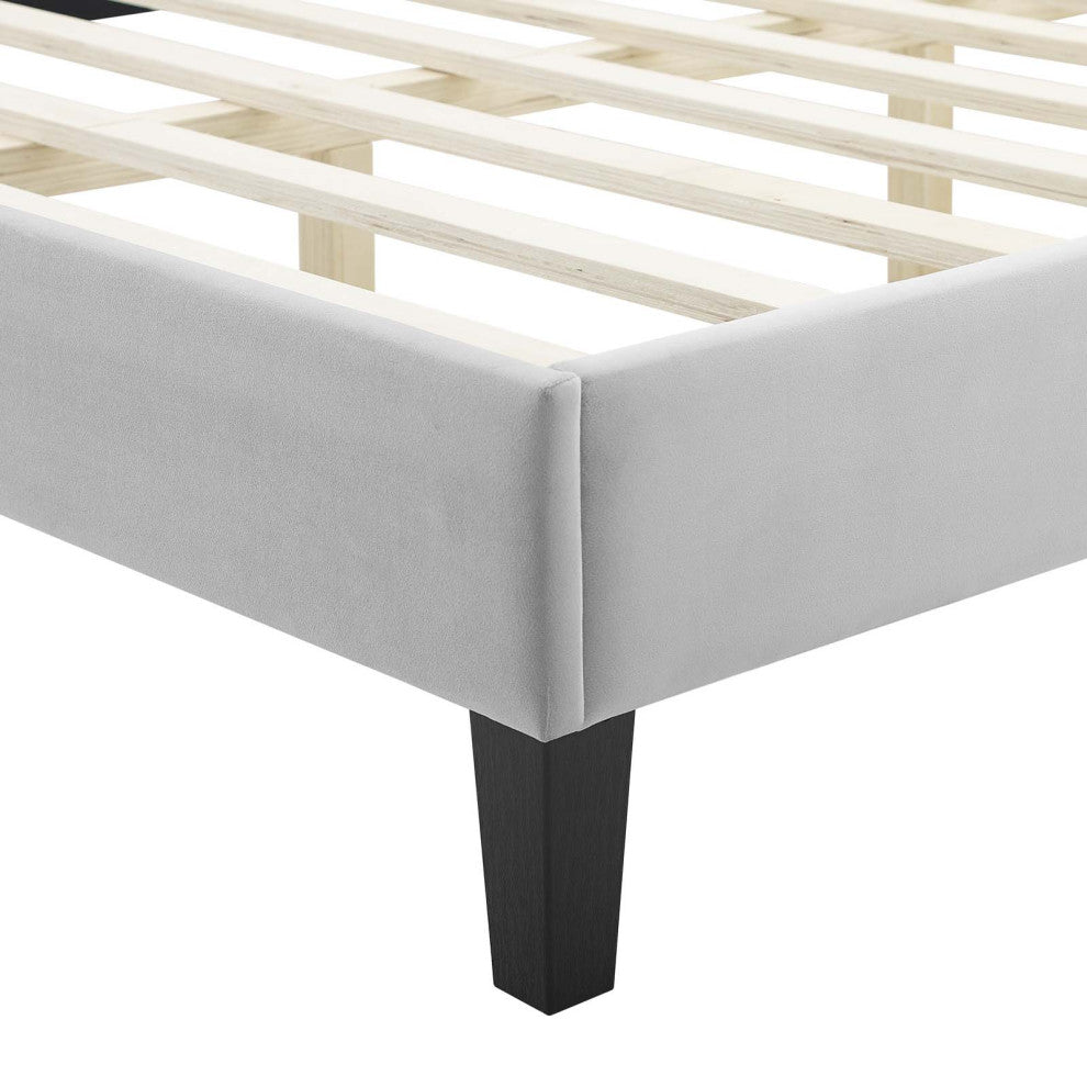 Platform Bed Frame, Full Size, Velvet, Light Grey Gray, Modern Contemporary