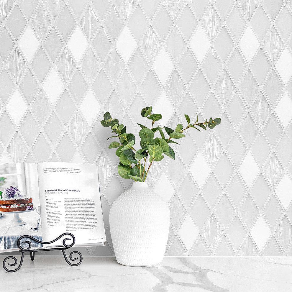 Elegant Glass and Marble Rhomboid Design Mosaic Backsplash Tile, Sample