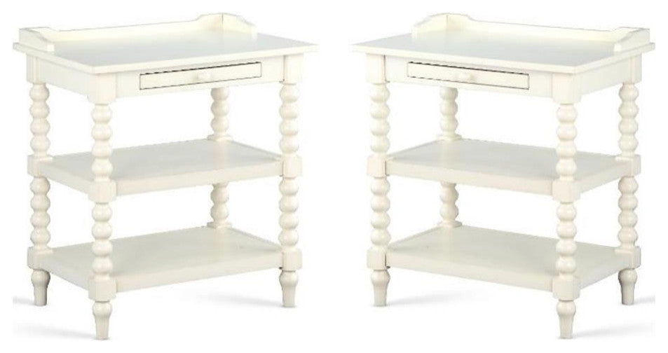 Home Square Wood Turned Leg Storage Nightstand in Antique White - Set of 2