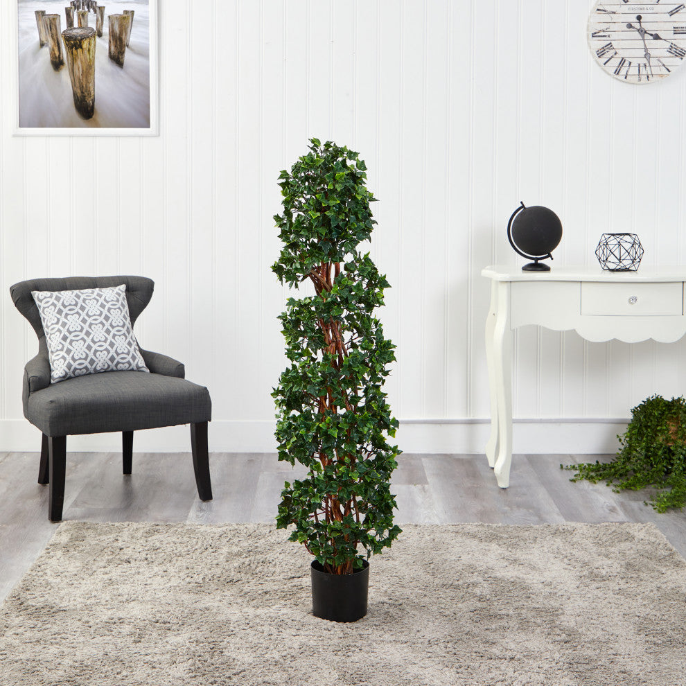 4.5' English Ivy Spiral Topiary Faux Tree W/Natural Trunk, Indoor/Outdoor