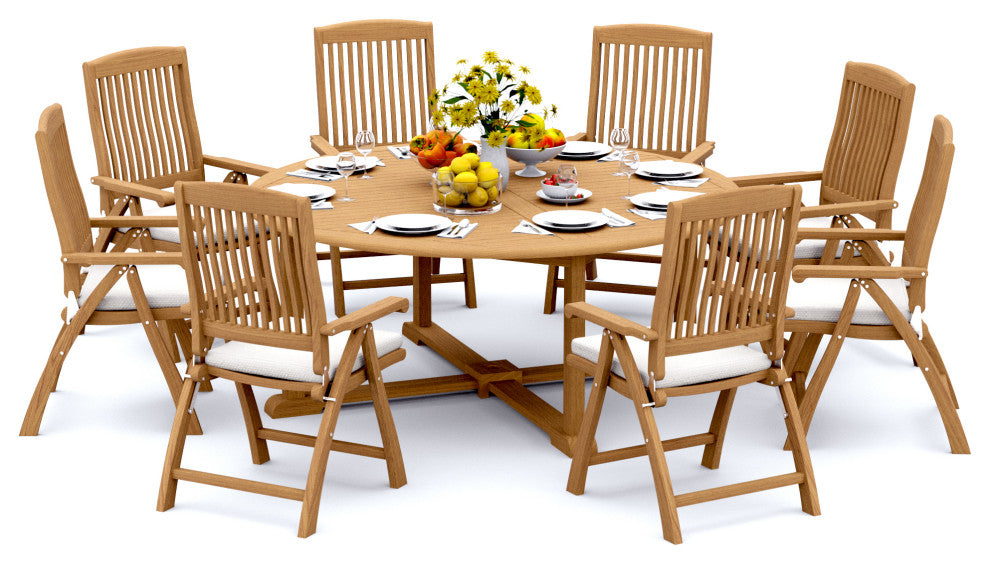 9-Piece Outdoor Teak Dining Set: 72" Round Table, 8 Marley Folding Arm Chairs