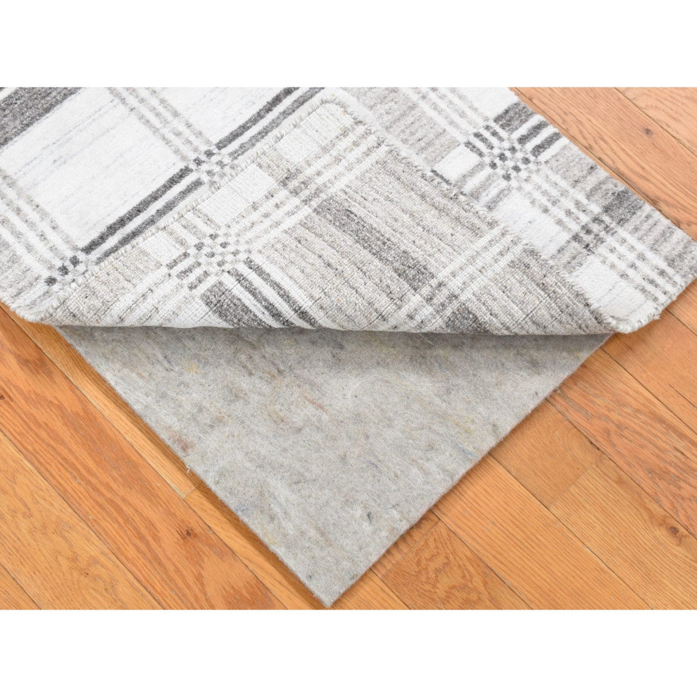 Ivory/Gray Hand Loomed Modern Plaid Design 100% Wool Mat Oriental Rug, 2'x3'