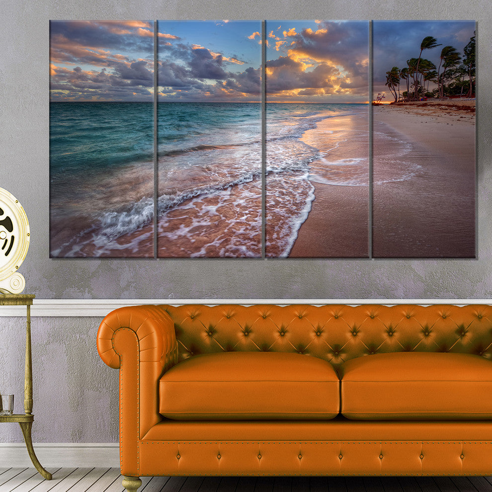 Palm Trees on Clear Sandy Beach, Seashore Canvas Art Print, 48"x28", 4 Panels