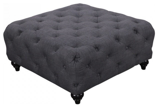 Chesterfield Linen Textured Fabric Upholstered Ottoman, Gray