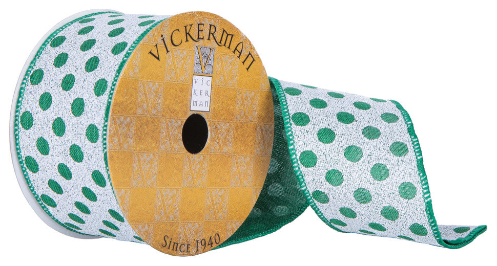 Vickerman Q201623 2.5"X10 Yard Green Dots Pattern Christmas Ribbon