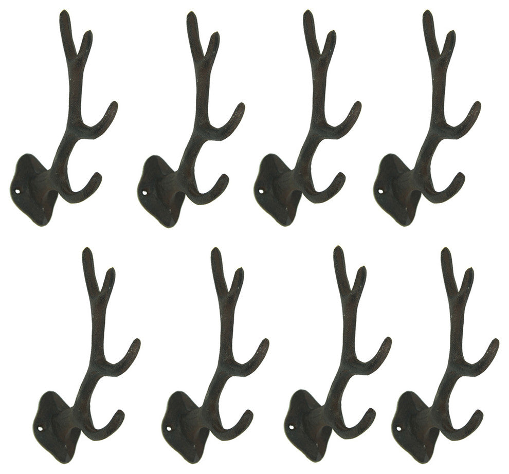 Rustic Brown Cast Iron Antler Wall Hook Set 8 Piece