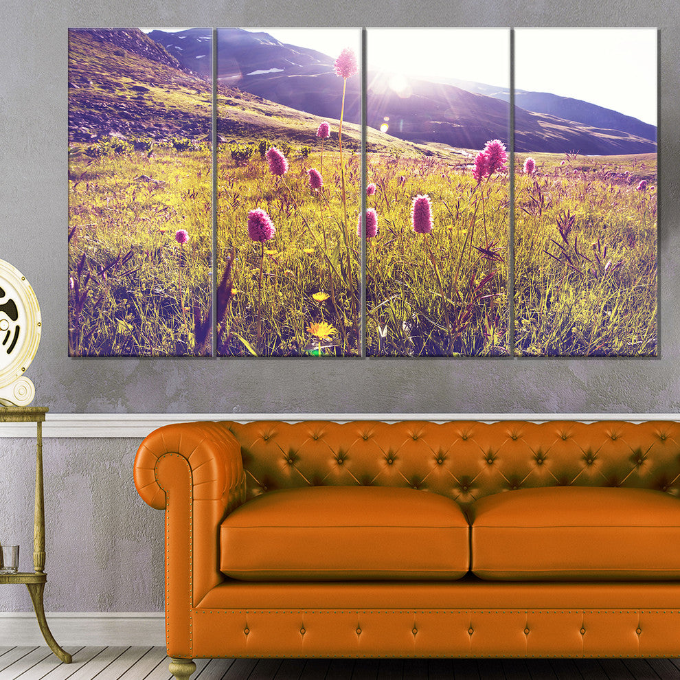 Mountain Pasture with Pink Flowers, Large Flower Canvas Print, 48"x28", 4 Panels