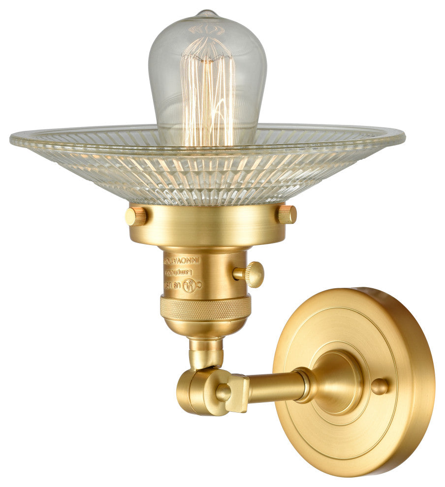 Halophane Sconce With Switch, Satin Gold, Clear Halophane