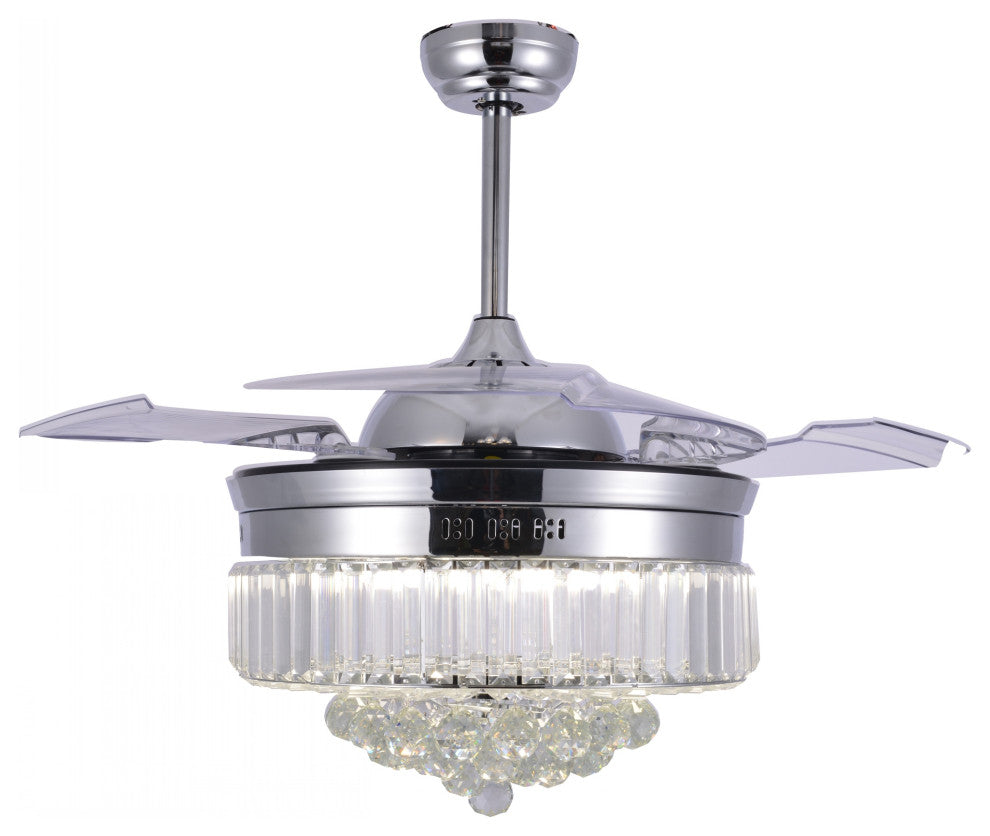 Unique Caged Ceiling Fan with Remote, LED light, Retractable Blades, Chrome