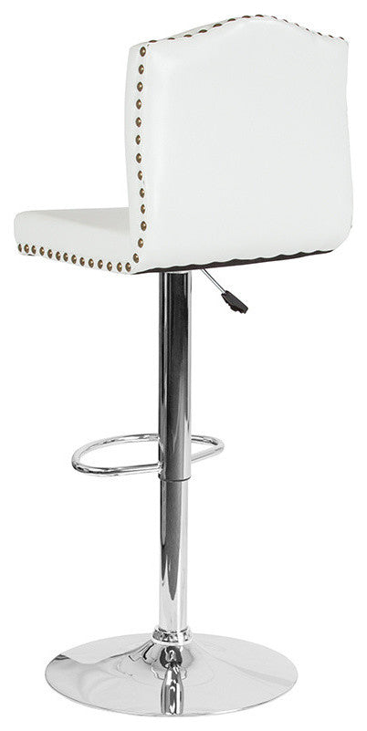 Contemporary Adjustable Height Barstool With Accent Nail Trim, White Leather