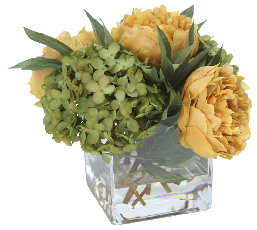 Green Hydrangea with Gold Peonies in Square Glass
