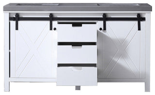 Marsyas 60" White Double Vanity, Gray Quartz Top, White Sinks, No Mirror