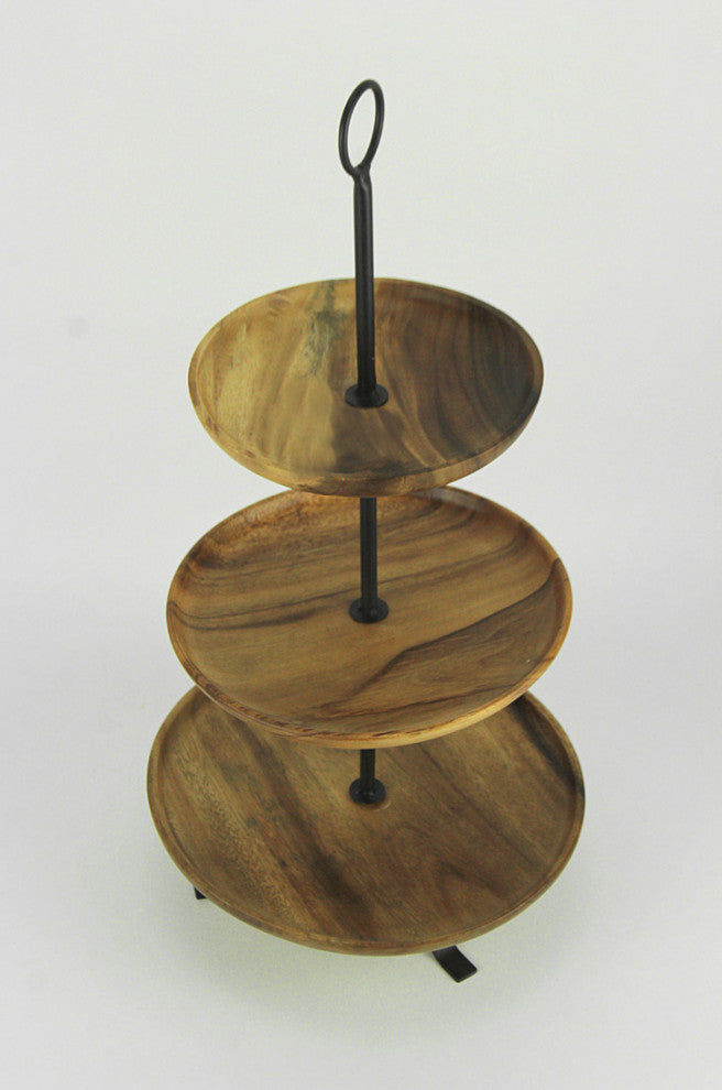 Rustic Round Wood Standing 3 Tiered Serving Tray