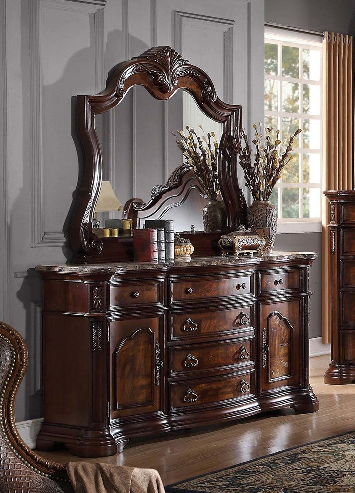 Barney''s Traditional Walnut Dresser and Mirror With Marble, 2-Piece Set