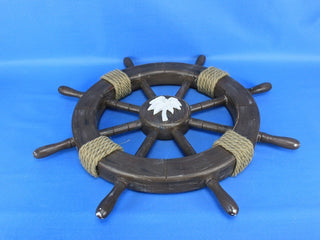 Rustic Wood Finish Decorative Ships Wheel With Palm Tree, 18"