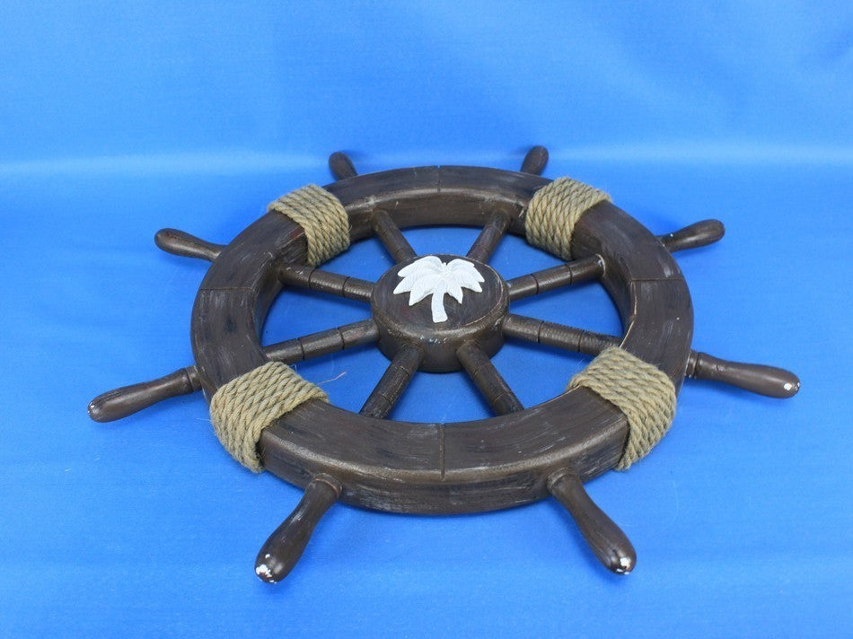 Rustic Wood Finish Decorative Ships Wheel With Palm Tree, 18"