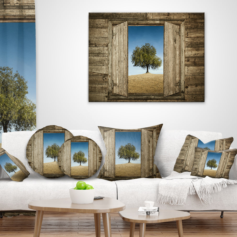 Window Open To Solitary Tree Modern Landscape Printed Throw Pillow, 16"x16"