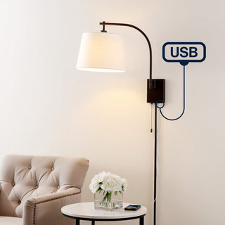22.5" Plug-In/Hardwired Iron LED Swing Arm Wall Sconce Pull-Chain,USB,Bronze