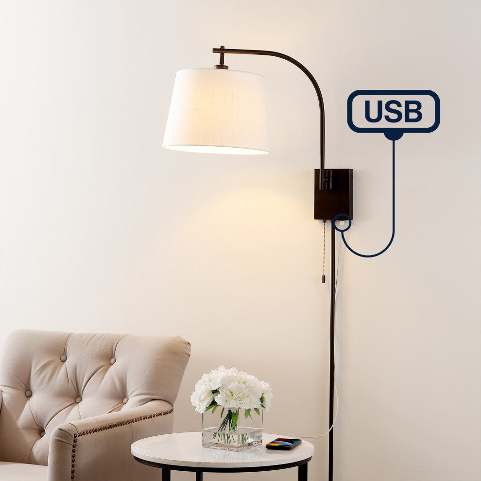 22.5" Plug-In/Hardwired Iron LED Swing Arm Wall Sconce Pull-Chain,USB,Bronze