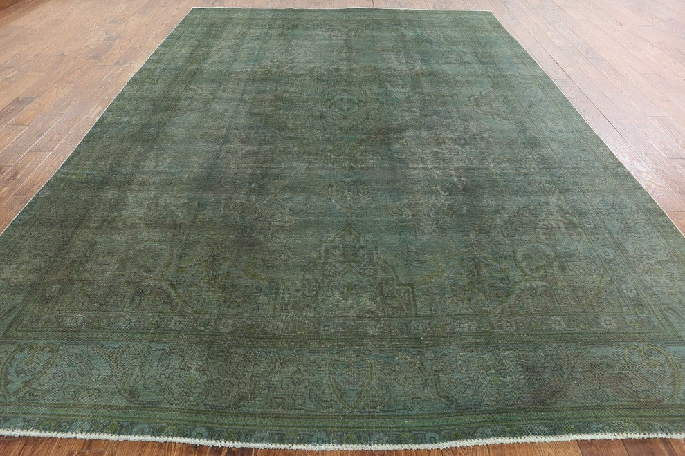 Unique Overdyed Collection Floral 10'x13' Green Hand Knotted Wool Area Rug H8693