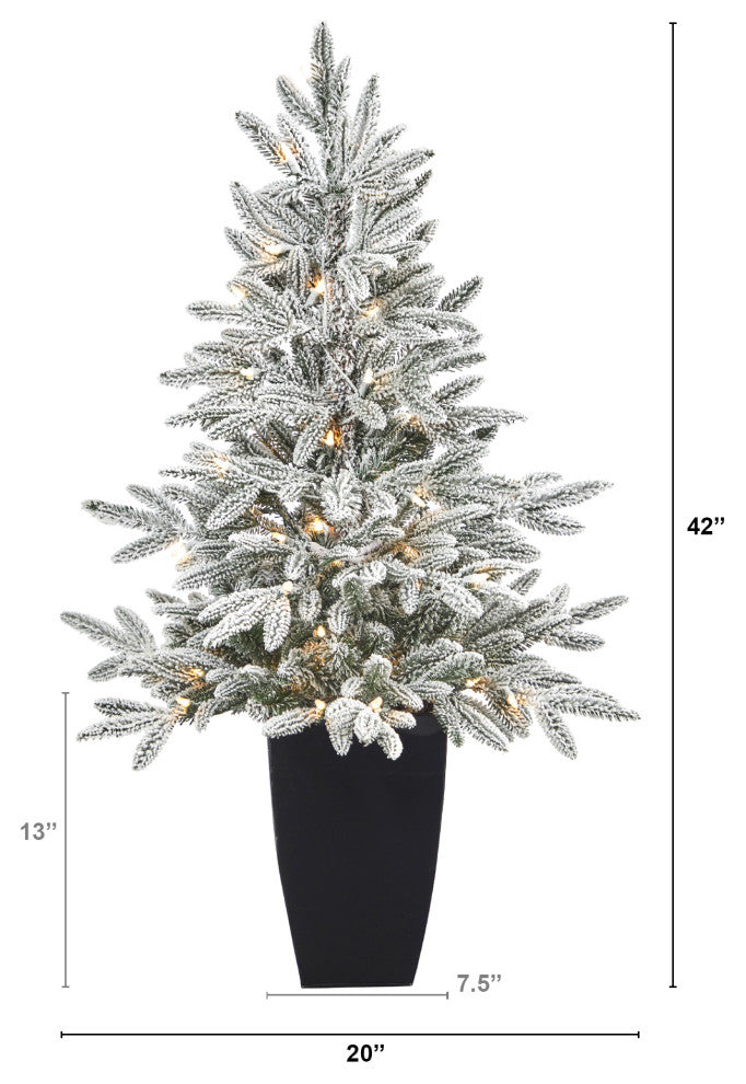 3.5' Flocked Manchester Spruce Faux Xmas Tree W/50 Lights & Bendable Branches