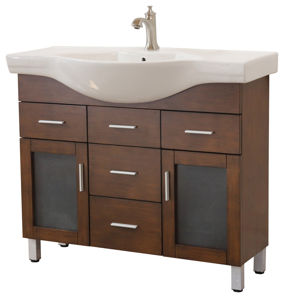 39.8" Single Sink Vanity, Wood, Walnut, 4 Drawers