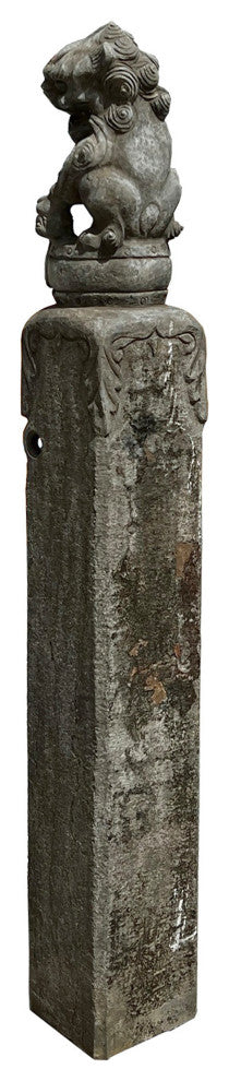 Chinese Pair Gray Stone Fengshui Foo Dogs Lion Slim Pole Statues Hcs7665