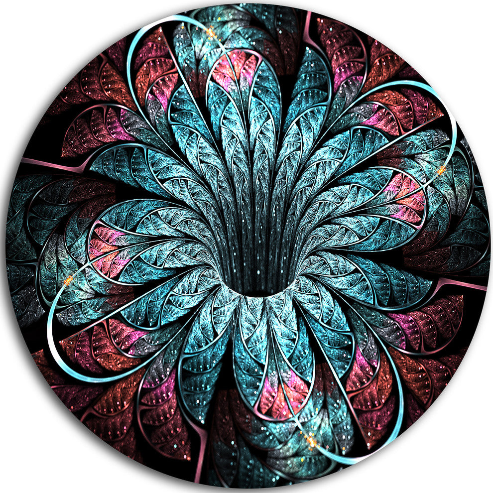 Glittering Dark Fractal Flower Digital Art, Floral Round Wall Art, 23"