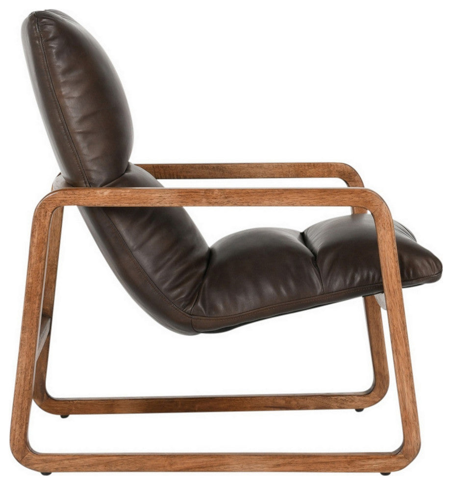Benzara BM282995 Classic Accent Chair, Top Grain Leather, Rubberwood, Brown