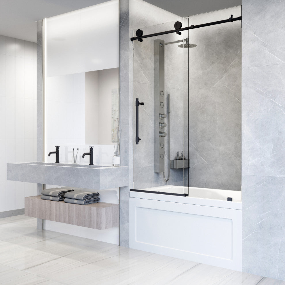VIGO Elan Hart 56" to 60" W x 66" H Frameless Sliding Tub Door, Matte Black, Clear Glass