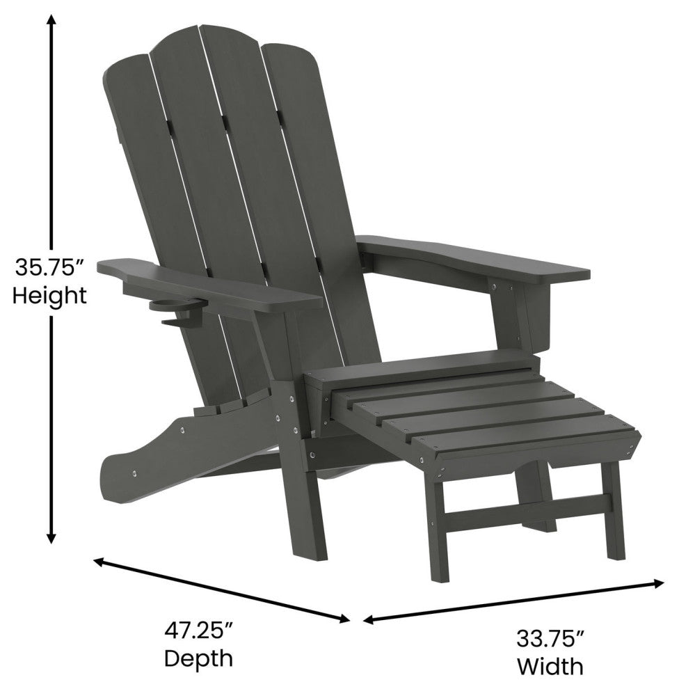 Newport HDPE Adirondack Chair with Cup Holder and Pull Out Ottoman, Gray
