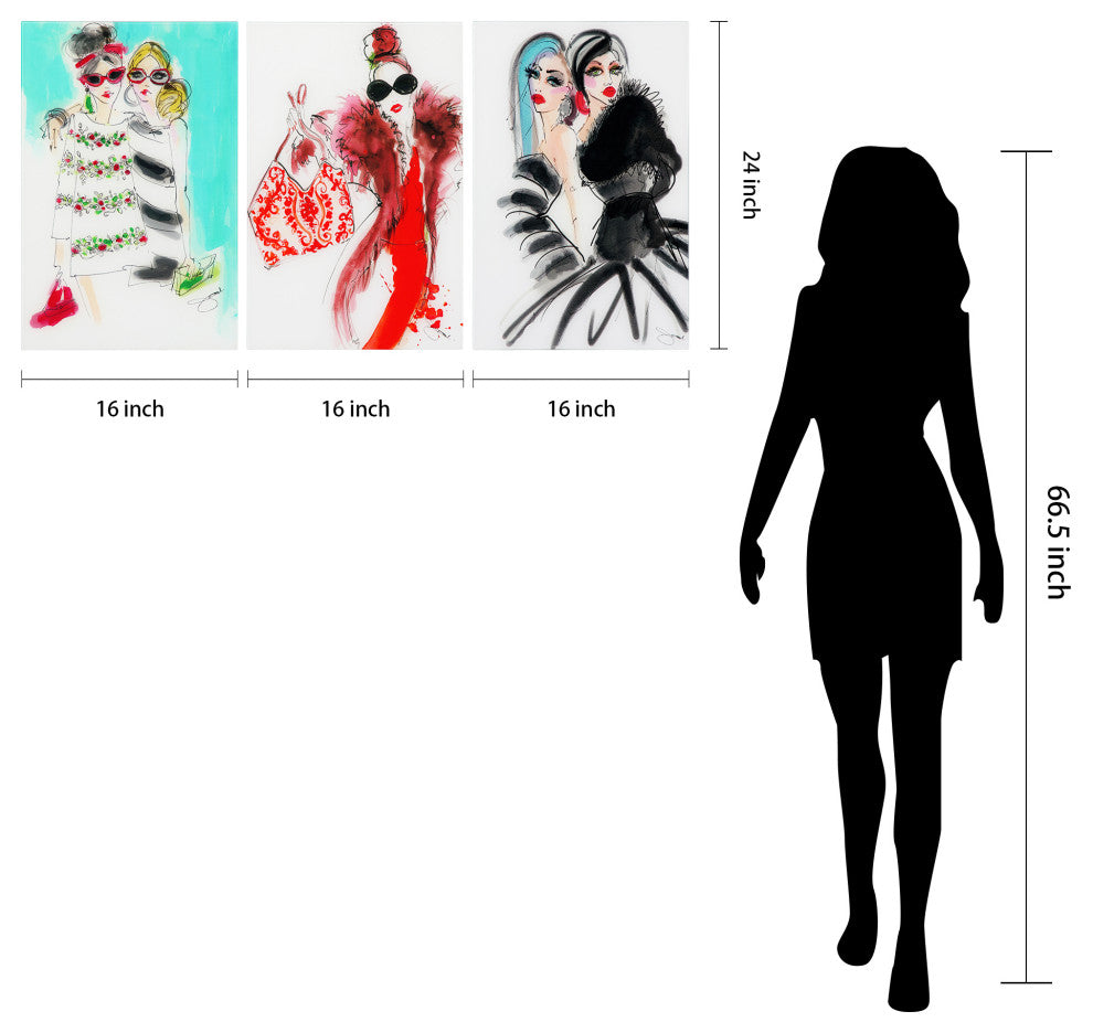 "Fashion Show - Set of 3" Frameless Free Floating Tempered Art Glass