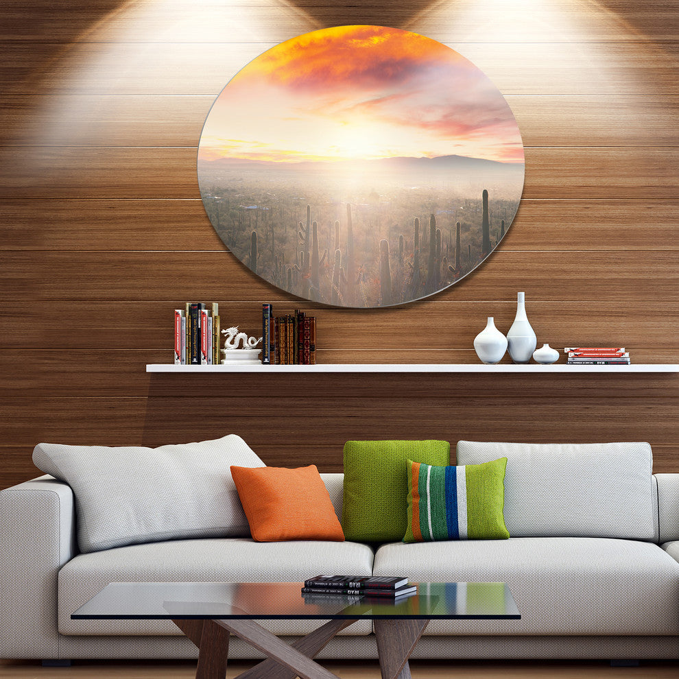 Saguaro Cactus At Colorful Sunset, Landscape Disc Metal Wall Art, 23"